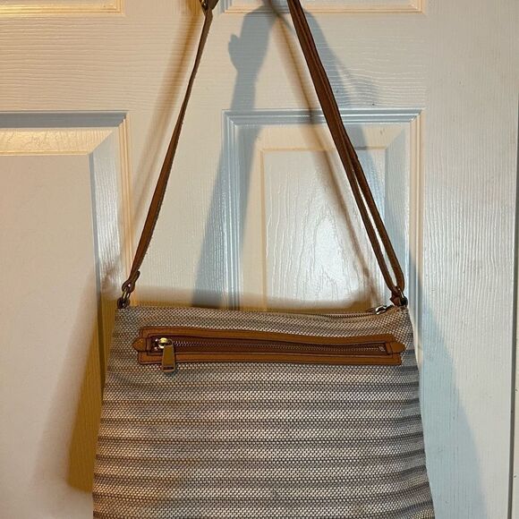 Fossil kinley Cotton stripes beige and taupe leather tan trims crossbody bag. - Picture 2 of 13